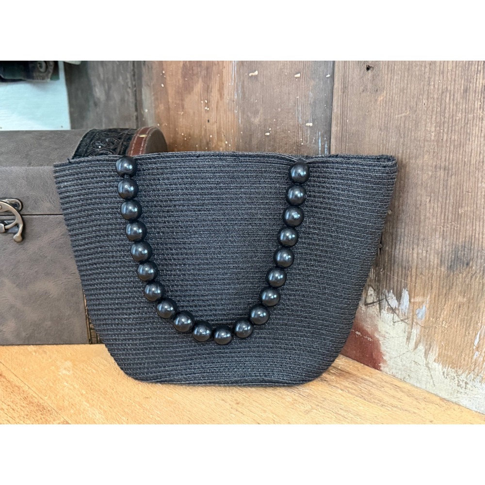 Talbots Black Woven Straw Tote Bag Beaded Handles Classic Resort Shoulder Purse
